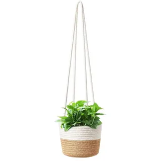 YANJINGHE Blumentöpfe Hängende, Seegras Pflanzentopf, Hängender Pflanzerkorb, Natürliche Baumwolle Handgewebt Blumenampel Pflanzenaufhänger mit Langem Hängendem Seil für Indoor Outdoor Decor (Mittel)