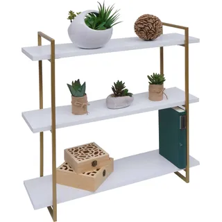 Wandregal HWC-K78, Hängeregal Schweberegal, 3 Regalböden Massiv-Holz Industrial 60x60x18cm weiß, Metall gold - Weiß