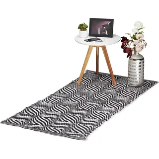 Relaxdays Teppich Läufer Flur, Baumwolle, Küchenläufer rutschfest, gemustert, handgefertigt, 70 x 140 cm, schwarz-weiß