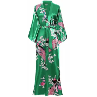 BABEYOND Damen Kimono Kleid Pfauenmuster Blumen Lang, grün, One size