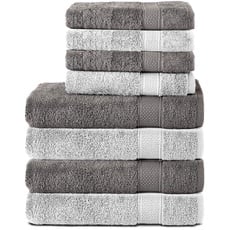 Bild von 8er Handtuch Set aus 100% Baumwolle, 4 Badetücher 70x140 und 4 Handtücher 50x100 cm, Frottee, Weich, Towel, Groß, Anthrazit/Weiß