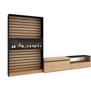 Skraut Home TV-Möbel | Esstisch-Set | 210 x 186 x 35 cm | für Fernseher bis 80 Zoll | elektrischer Kamin | moderner Stil | Eiche und Schwarz