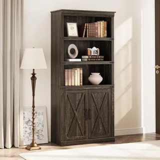 IDEALHOUSE Landhaus Bücherregal 5 Ebenen Mit Türen & Schrank 175 cm | Holzregal mit Schrank und Türen, vielseitigem Stauraum und stabilem Stand für Büro, Home Office, Wohnzimmer und Schlafzimmer