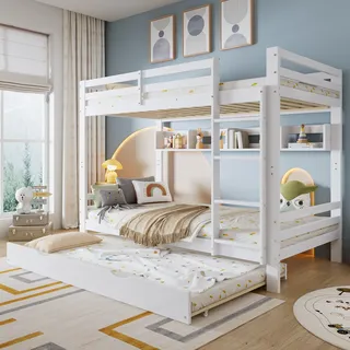 Flieks Etagenbett 90x200cm mit Regal, Kinderbett Hochbett mit 90x190cm großem Ausziehbett, Stockbett Einzelbett für 2 Kinder Kinderzimmer, Weiß - Weiß