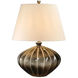 Wohnliche Tischleuchte Keramik Stoff rund 63cm hoch Retro Design Nachttischlampe