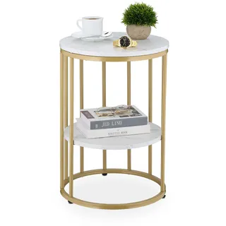 Relaxdays Beistelltisch Marmoroptik, 2 Ablagen, für Wohnzimmer, Metall & MDF, Sofatisch rund, HxD 57x40 cm, weiß/gold