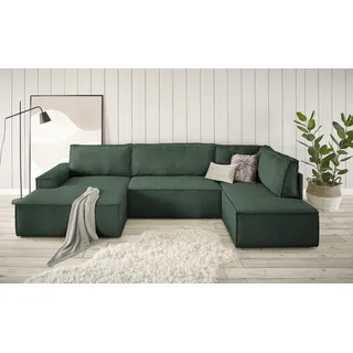 Home affaire Wohnlandschaft »SHERWOOD XXL 329 cm, U-Form, Schlafsofa,«, Schlaffunktion m. Bettkasten (194x139 cm), Cord, Vintage, Samtvelours, grün