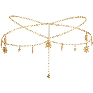 JIEYAO Doppellagige Taille Kette,Sonne Mond Sterne Verstellbare Taillenkette Gold Kettengürtel aus Metall Boho Gold Gürtel Dünne Bundkette Metallkettengürtel Für Damen Kleider Jeans(Gold)