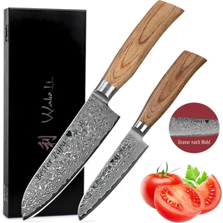 Wakoli EDIB Pro Damastmesser Set mit Gravur – Personalisiertes 2er Santoku Messerset, 16 cm & 11 cm Klingen aus 67 Lagen Damaststahl (VG10-Kern), ergonomische Pakkaholzgriffe – in Geschenkbox