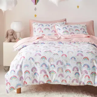 Freyamy Kinderbettwäsche 135x200cm Weiß Bunt Regenbogen Bettwäsche 100% Microfaser Mädchen Babybettwäsche Regenbogenmuster Kinder Bettbezug mit Reißverschluss und Kissenbezug 80x80cm