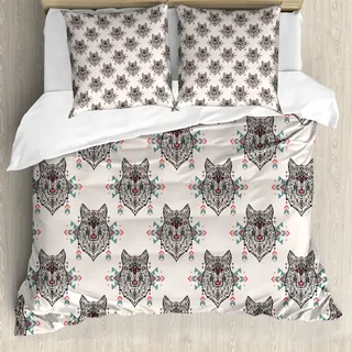 ABAKUHAUS Hundeliebhaber Bettbezug, Wolf Pattern, Milbensicher Allergiker geeignet mit Kissenbezügen, 200 cm x 200 cm - 80 x 80 cm, Mehrfarbig
