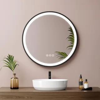 EMKE LED Badspiegel Rund 50 cm Durchmesser LED Spiegel Badezimmerspiegel mit Beleuchtung 3 Lichtfarbe 3000-6500K Kaltweiß Neutral Warmweiß Dimmbar Lichtspiegel mit Beschlagfrei und Touchschalter IP44 Energiesparend (Schwarz Design) - Schwarz