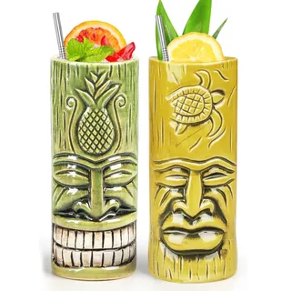 Tiki-Tassen-Set 2 Stück Hawaii-Party-Becher aus Keramik, für Cocktails, hochwertiges Tassen-Set mit 2 Tassen für exotische Party