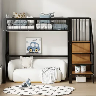 Flieks Etagenbett 90×200cm mit Treppe und Kleiderschrank, Hochbett Jugendbett mit Lattenrost, Kinderbett mit Rausfallschutz, Einzelbett Metallbett, Schwarz - Schwarz