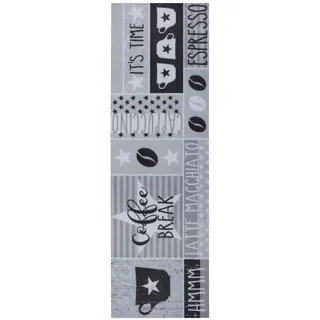 Hanse Home Küchenläufer , Grau, Schwarz, Weiß , Kunststoff , Schriftzug , rechteckig , 50x150 cm , Oeko-Tex® Standard 100 , für Fußbodenheizung geeignet, rutschfest, pflegeleicht, strapazierfähig, platzsparend, leicht zusammenrollbar, rutschfeste Unterfläche , Teppiche und Böden, Teppiche, Teppichläufer, Küchenteppiche