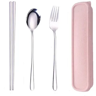 Baomasir Edelstahl Reisebesteck Campingbesteck-Essstäbchen Löffel Gabel Set mit Aufbewahrungsbox für Outdoor-Camping, Reisen, Picknick, BBQ, Schule, Rucksack(Silber)