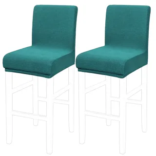 PiccoCasa Esszimmerstuhlhussen 2er-Set, Stretch & Abnehmbare Barhockerhussen für Kneipentheke – Höhe Seitenstuhlbezüge mit quadratischem Gitter, waschbare Stuhlhussen, Blaugrün
