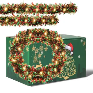Weihnachtsgirlande Batteriebetrieben 5m 50LEDs tannengirlande mit Beleuchtung Innen Außen Weihnachtsdeko Girlande Weihnachten (Grün und Rot)