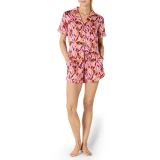 Amazon Essentials Damen Nachtwäsche-Set aus Kurzärmeligem Satin-Oberteil mit Knöpfen und Shorts, Ziegelrot Gefächerte Blumen, L