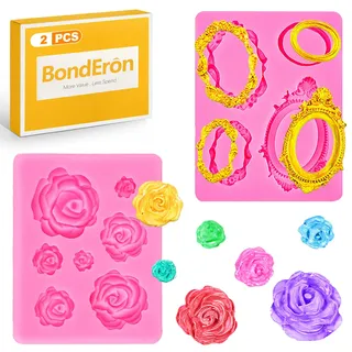 BondEron 2er 3D Silikonform Fondant Rose Blumen Tortendeko Set Vielseitige Gießform für Kuchendekoration Basteln Blütenformen für DIY Kerzen Schokolade Kuchen Dekoratio