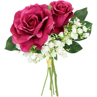 Kunstblumen 3er Set Rosen Schleierkraut künstliche Blumen Seidenrosen einzeln Bouquet Hochzeit Dekorationen Floristik Einzelblume Stielblume Blütenzweig Zweig Blumen Dekozweig Kunstzweig, Burgund