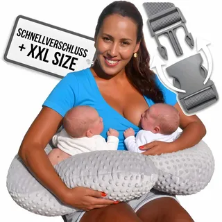 Traumreiter Stillkissen XXL für Zwillinge 95x60x20 cm extra hohes Zwillingskissen Grau Stillkissen Zwillingsstillkissen, Stillen Kissen groß Breastfeeding Pillow Twins + 1-Click Anschnallgurt