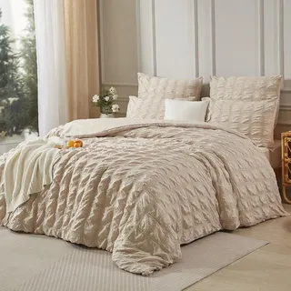 Luofanfei Seersucker Bettwäsche 200x200 Beige Khaki Sommer Kariert Muster | Kühlende Uni Muster Microfaser Atmungsaktiv Leicht Wende Bettwäscheset und Kissenbezüge 80x80cm mit Reissverschluss Bügelfrei
