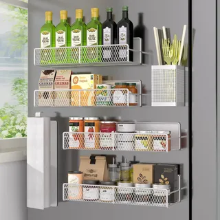 DTUQYX Magnetisches Gewürzregal, Kühlschrank-Organizer, 6 Stück, Metall, schwarz, magnetisches Regal mit Papierhandtuchhalter, Utensilienhalter, starke Magnete, platzsparend (Weiß, 6 Stück), HM5433