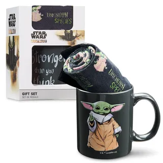 The Mandalorian Tasse und Socken Star Wars Geschenke Set Baby Yoda Boba Fett (Yoda Schwarz AOP), Keramik