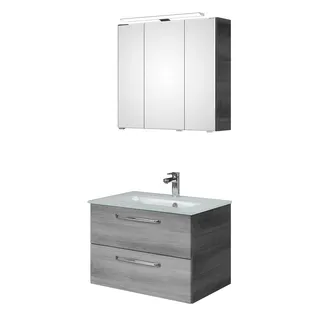 Saphir Badmöbel-Set "Trentino 2-teilig Glas-Waschtisch, Spiegelschrank mit LED-Leuchte" 3 Stk. tlg., graphit struktur quer nb