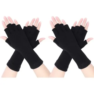 Pangda 2 Paar Unisex Fingerlose Handschuhe - Half Finger Dehnbar Strick Verlängern Handgelenk Winter Warme Handschuhe (Schwarz)