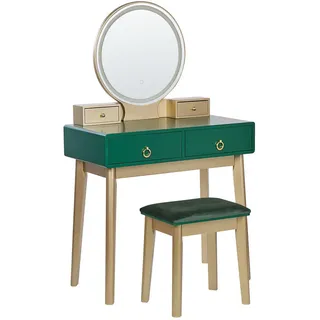 Beliani Schminktisch mit rundem LED-Spiegel Hocker 4 Schubladen grün/gold Fedry , Grün, Goldfarben , Holzwerkstoff , 80x134x40 cm , Schlafzimmer, Schminktische