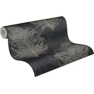 ascreation Livingwalls Tapete mit Federn Mata Hari Vliestapete grau schwarz mit Glitzereffekt fein strukturiert 380094