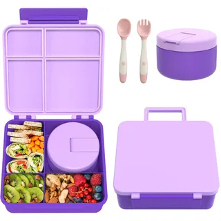 Lunch Box Kinder Set mit 300ml Thermobehälter für Essen, Auslaufsicher Brotdose Kinder mit 4 Fächern, Isolierte Lunchtasche, BPA-Freie Thermo Lunchbox Kinder, Schule, Ausflüge (Violett)