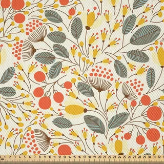 ABAKUHAUS Blumen Satin Stoff als Meterware, Hand gezeichnete Art blüht kleine Blüten mit großen und kleinen Punkten Retro Art Design, 10 M (148 x 1000 cm), Mehrfarbig - Bunt