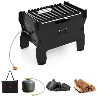 FANTASK 2-in-1 Tischgrill & Holzkohlegrill, tragbarer Campinggrill, kleiner Feuerstelle mit Edelstahlrost & Tragetasche, Gasgrill Metall für Picknick, Camping, BBQ & Party