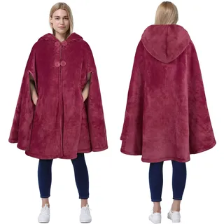 Catalonia Classy Damen Poncho mit Kapuze, Winter Warmer Poncho Kuscheldecke, Plüsch Fleece Cape Poncho Jacke für Outdoor, Wein