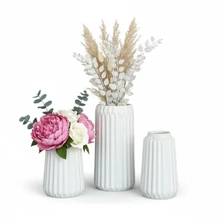 Relaxdays Vasen 3er Set, Blumenvasen, 3 versch. Größen, Frisch- & Trockenblumen, Dekovase aus Keramik, Tischdeko, weiß
