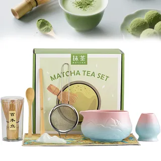 Neuytiky Matcha Set,8 Stück Matcha Tee Set mit Matcha Besen, Matcha Schale mit Ausgießer,Matcha Filtersieb,Halter,Teetuchunterlage,Chasen und Matcha Löffel (Rosa blau verlaufend)