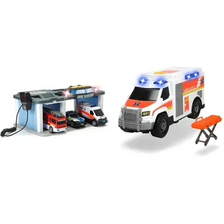 Dickie Toys - Rescue Center – Rettungsstation mit Funkgerät, Polizei, Krankenwagen, Feuerwehr & Medical Responder – 30 cm großer Rettungswagen mit Trage, Licht und Sound, Heckklappe zum Öffnen