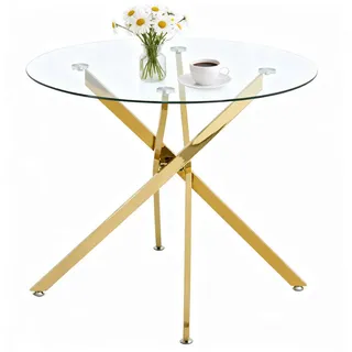 Redom Esstisch 80/80/76 cm mit Tischplatte aus gehärtetem Glas und Kreuzgestell, Metall/Glas, Gold , Goldfarben , 80x76x80 cm , Esszimmer, Esstische