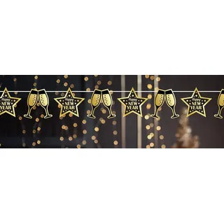 FIESTAS GUIRCA | Happy New Year Girlande Schwarz und Gold (300 cm) - Partydekoration für Neujahr und Feiern - Ideal für Silvesterpartys - Dekorationszubehör - Schwarz Gold