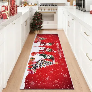 Alishomtll Weihnachten Teppich Läufer 60x180cm, Schneemann Rot Weihnachtsteppich, rutschfest Waschbar Weicher Küchenteppich, Kurzflor Teppich für Haustiere, Weihnachten Deko für Küche Wohnzimmer