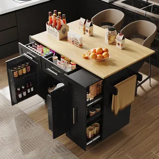 Sweiko Moderne Kücheninsel, Küchenschrank, buffetschrank, Speisewagen mit Holzmaserung, Multifunktionale Esstisch mit Speicherraum, Speisewagen mit Snackregalen und Stretchfunktionsschränken, Schwarz
