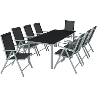Tectake tectake® Sitzgruppe, mit Aluminiumgestell, für 8 Personen, UV-beständig, Tisch mit Sicherheitsglasplatten und Ausgleichsschrauben