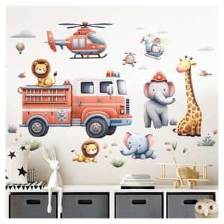 Little Deco Wandsticker Feuerwehrauto Kinderzimmer Wandtattoo Feuerwehr Tiere Wandaufkleber für Babyzimmer Safari Jungenzimmer Dschungel Wanddeko DL5021-03