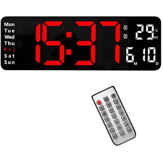 Lancoon Digitale Wanduhr, 13 Zoll LED Bildschirm mit Sitzender und Hängender Fernbedienung Batteriebetrieb Plug in Temperatur Datum Wochenanzeige für Wohnzimmer