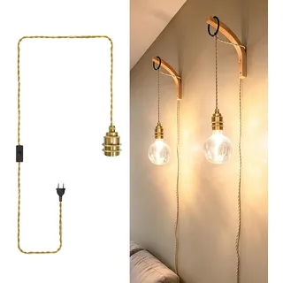 JZCDR 2 Stücke Gold Pendelleuchte mit Stecker und Kabel 3,5m Fassung E27 | Hängeleuchte mit Stecker, Metall Keramik Lampenfassung E27, Vintage Seil Hängelampe Kit mit Stecken DIY für Küche