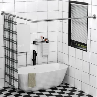 SIKAIQI Dehnbare Duschvorhangstange aus 304 Edelstahl, L-förmig, für Badezimmer, Badewanne, Eck-Duschvorhangstange (61 cm - 175,3 cm x 180,3 cm - 215,9 cm, maximale Größe 29,6 cm), ohne Bohren, für