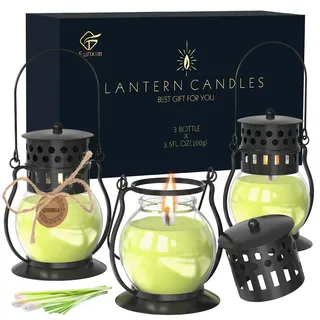 Citronella Kerzen im Glas mit Vintage Laterne - 3 x 3,5 oz Natürliches Sojawachs mit Zitronengras Duft, DEET-freie Outdoor Kerzen für Garten, Balkon & Camping - Retro Design & Umweltfreundlich